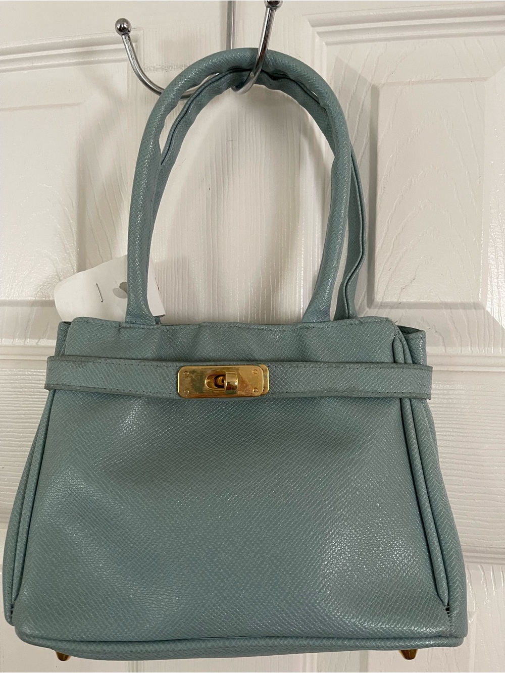 Classic Structured Tote Bag in Dusty Blue with Gold Hardware